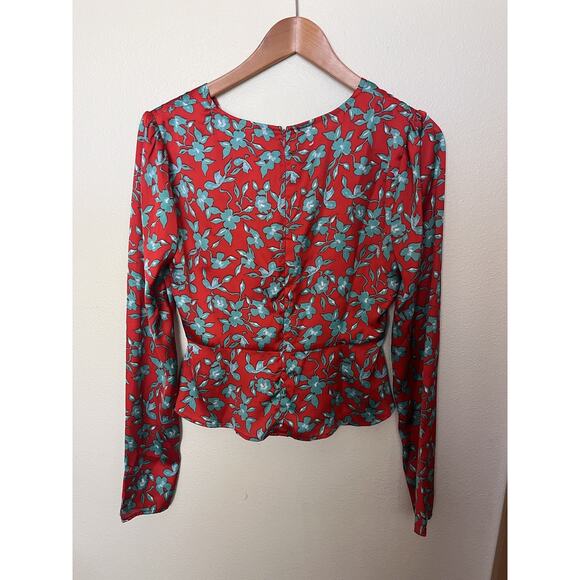 Love, Whit by Whitney Floral Long Sleeve Crop Satin V Neck Top Size Medium Red - Picture 7 of 10